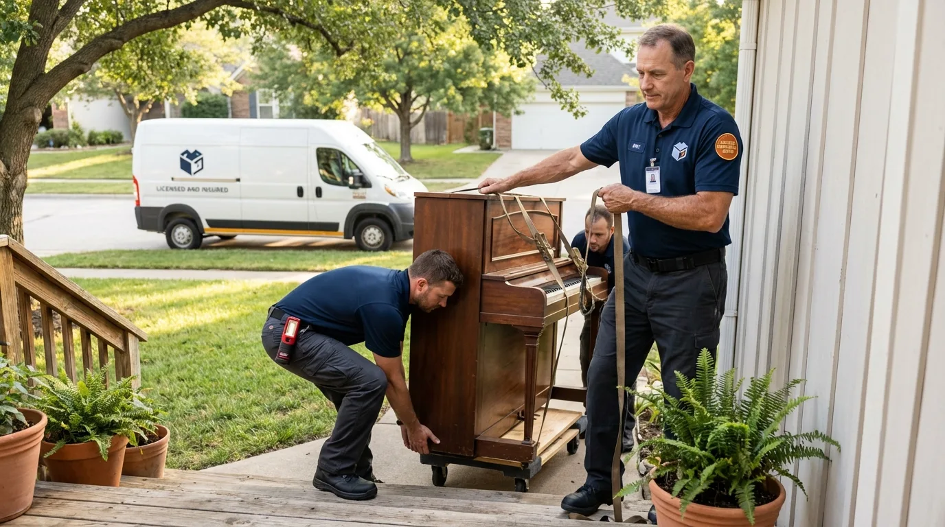 Licensed piano movers securing grand piano in Vardaman, MS