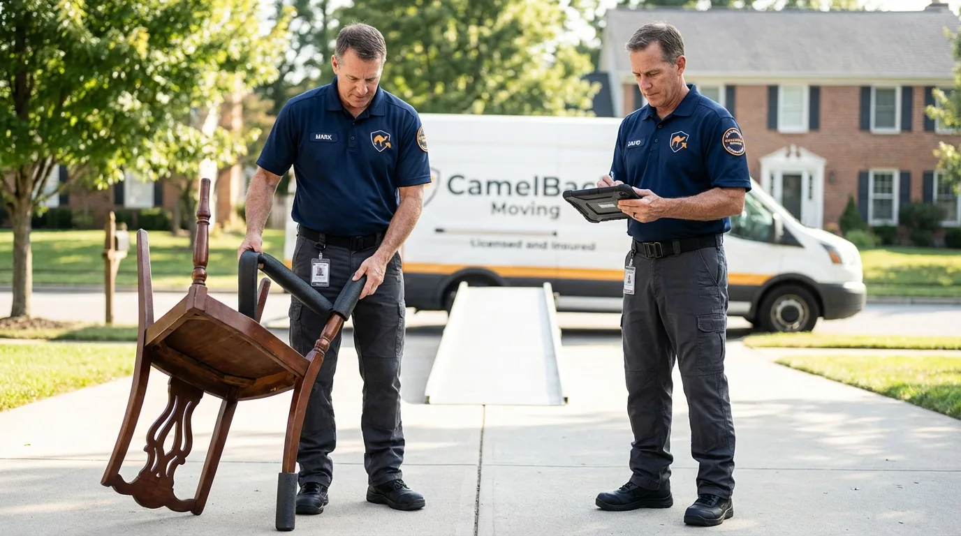 Movers inspecting furniture for damage prevention before loading in Vardaman, MS
