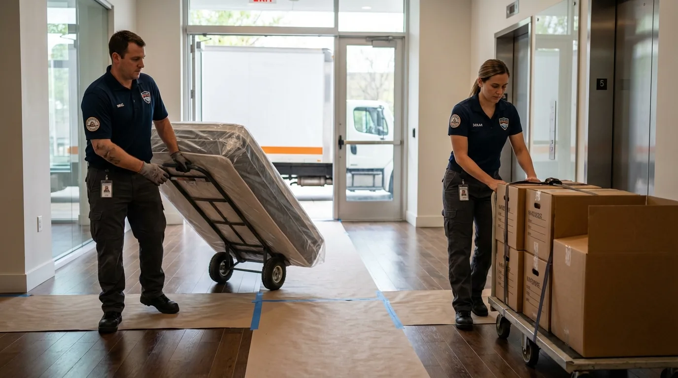 Professional apartment movers loading elevator in Vardaman, MS